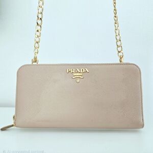 Authentic PRADA Vitello Zip Nude Blush & Gold Saffiano Leather Wallet WOC Clutch